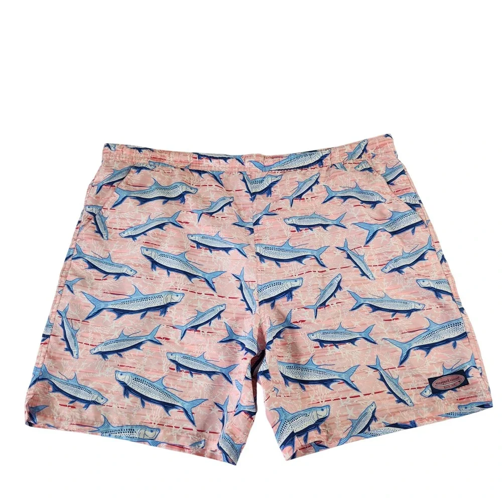Vineyard Vines Men XL Pink Tarpon Fish Print Swim Trunks Mesh Lined Board Shorts